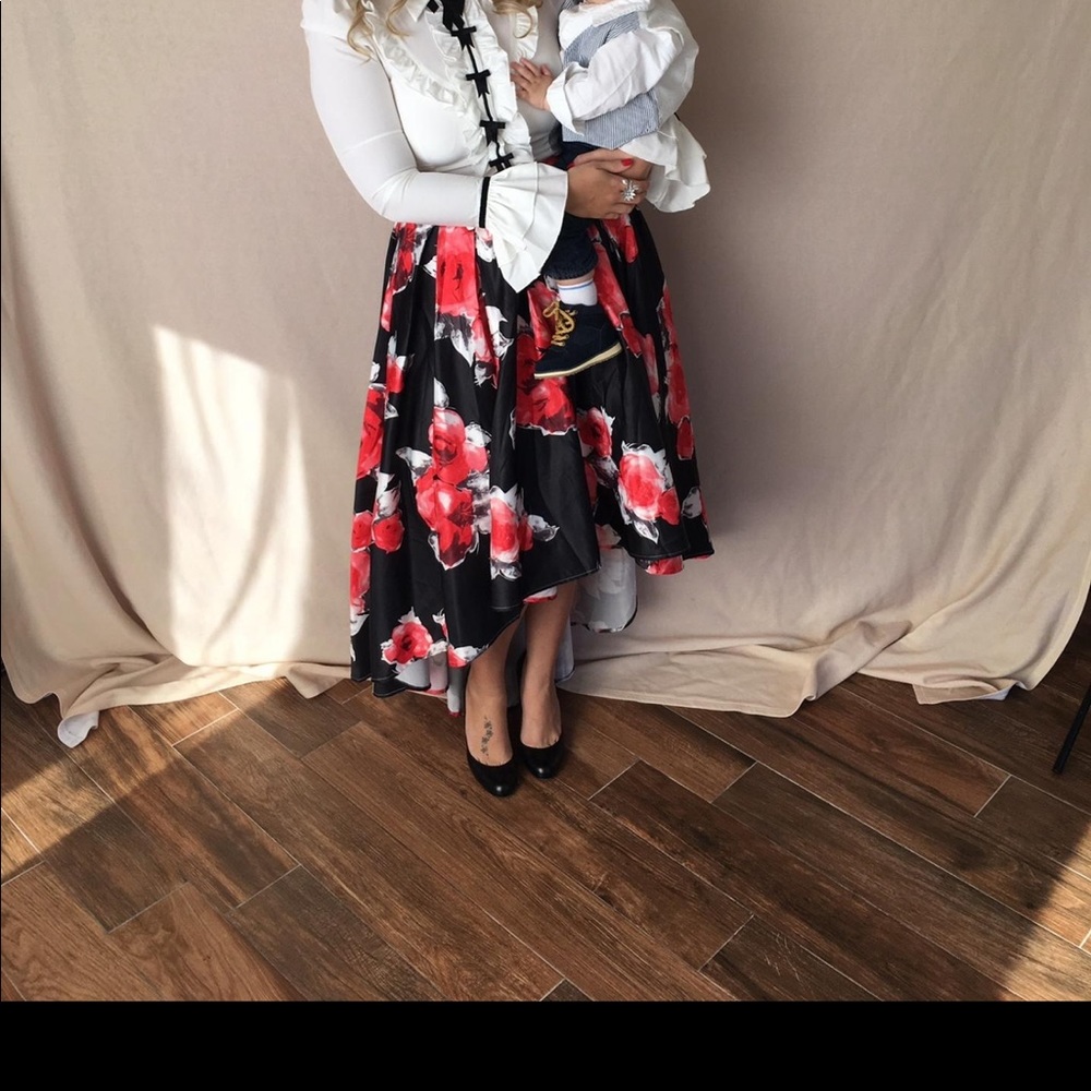 GRACIA Red Floral Skirt Large Flowers Wedding Maxi Asymetrical Dress